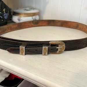 Vintage Mexico Silver & brass belt buckle and tooled leather belt 38” - 42”